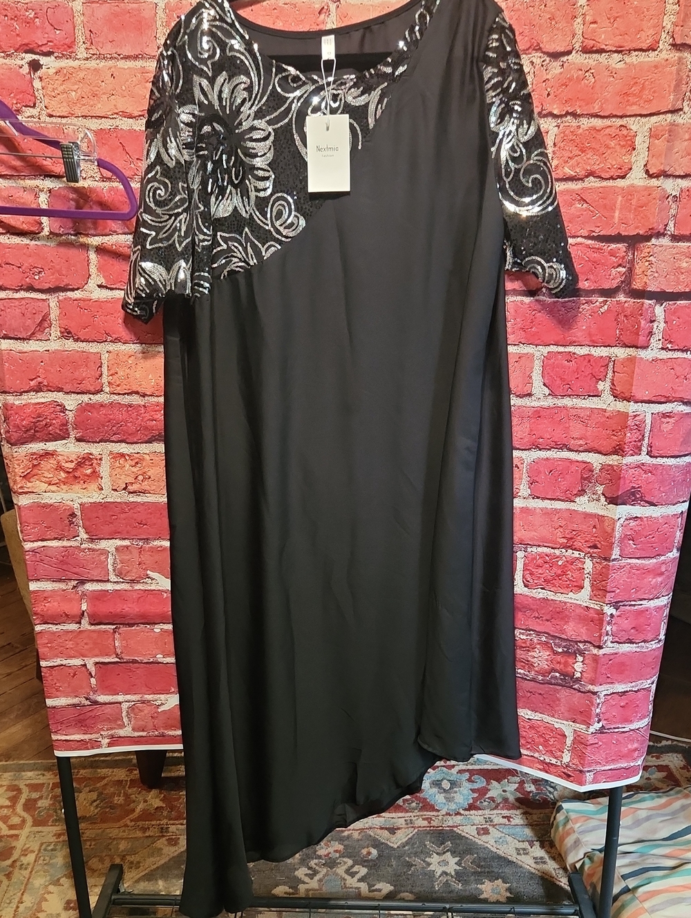Black Asymmetrical Evening Dress with Silver Sequin Detail